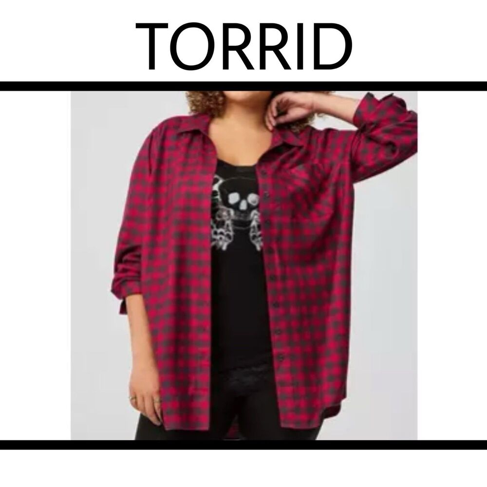 Torrid Lizzie Long Sleeve Tunic Plus 1X 14/16 Pink Grey Buffalo Plaid NWT #1270